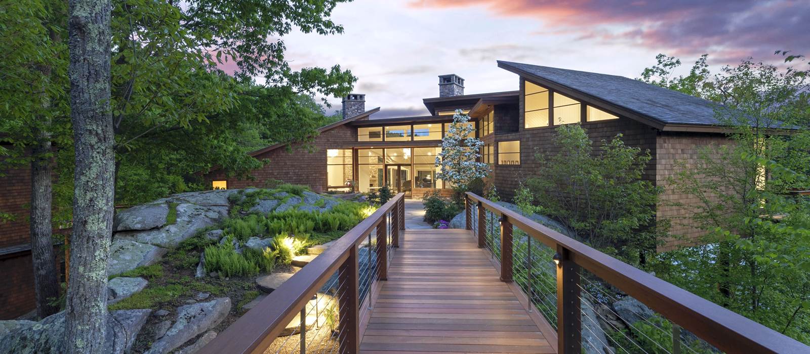 Modern Lake House - The Approach at Dusk